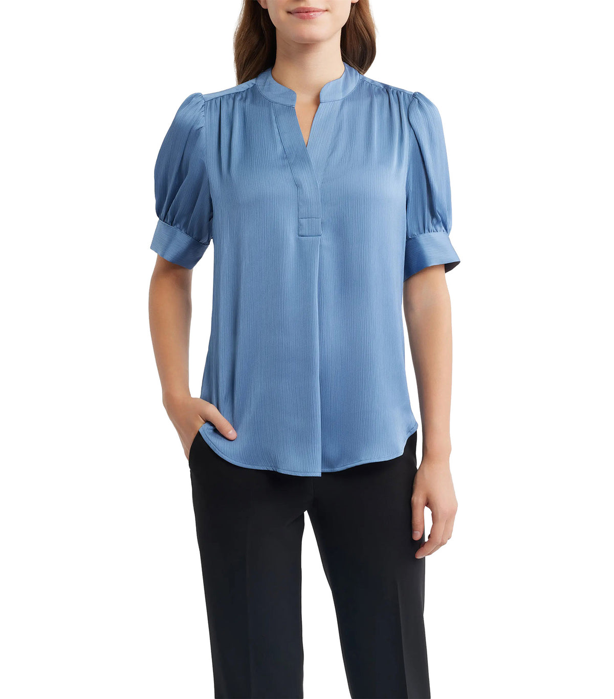 Puff Sleeve Hidden Button Top Blue