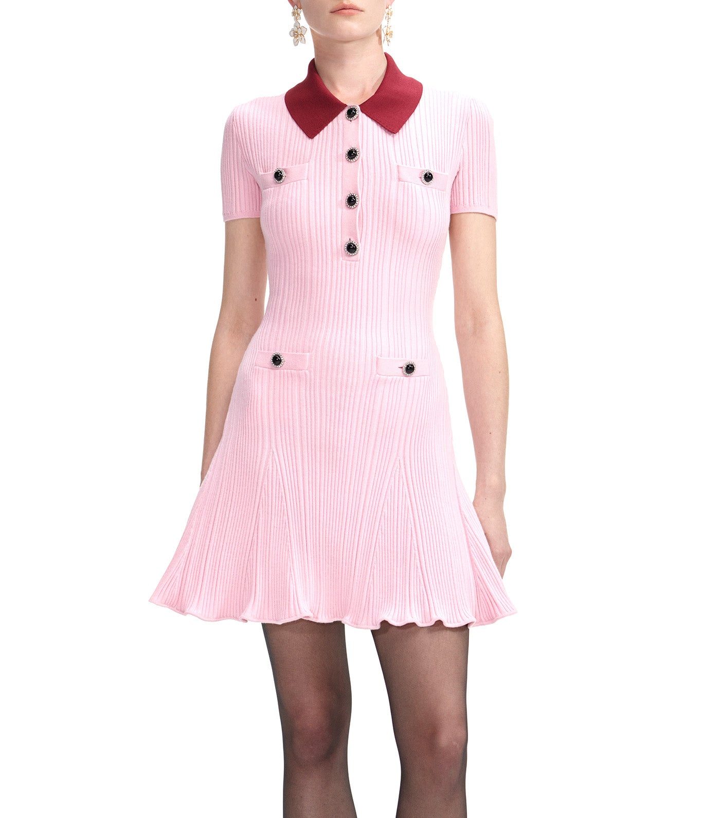 Contrast Collar Knit Mini Dress Pink
