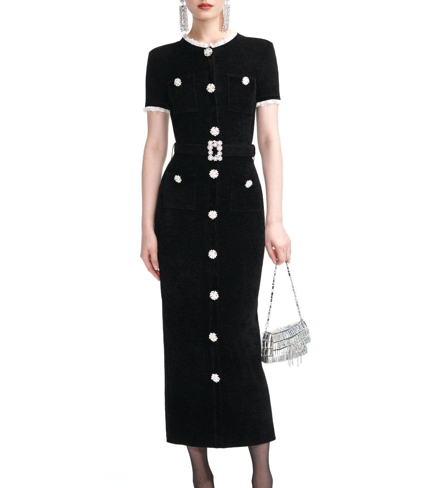 Chenille Knit Midi Dress Black