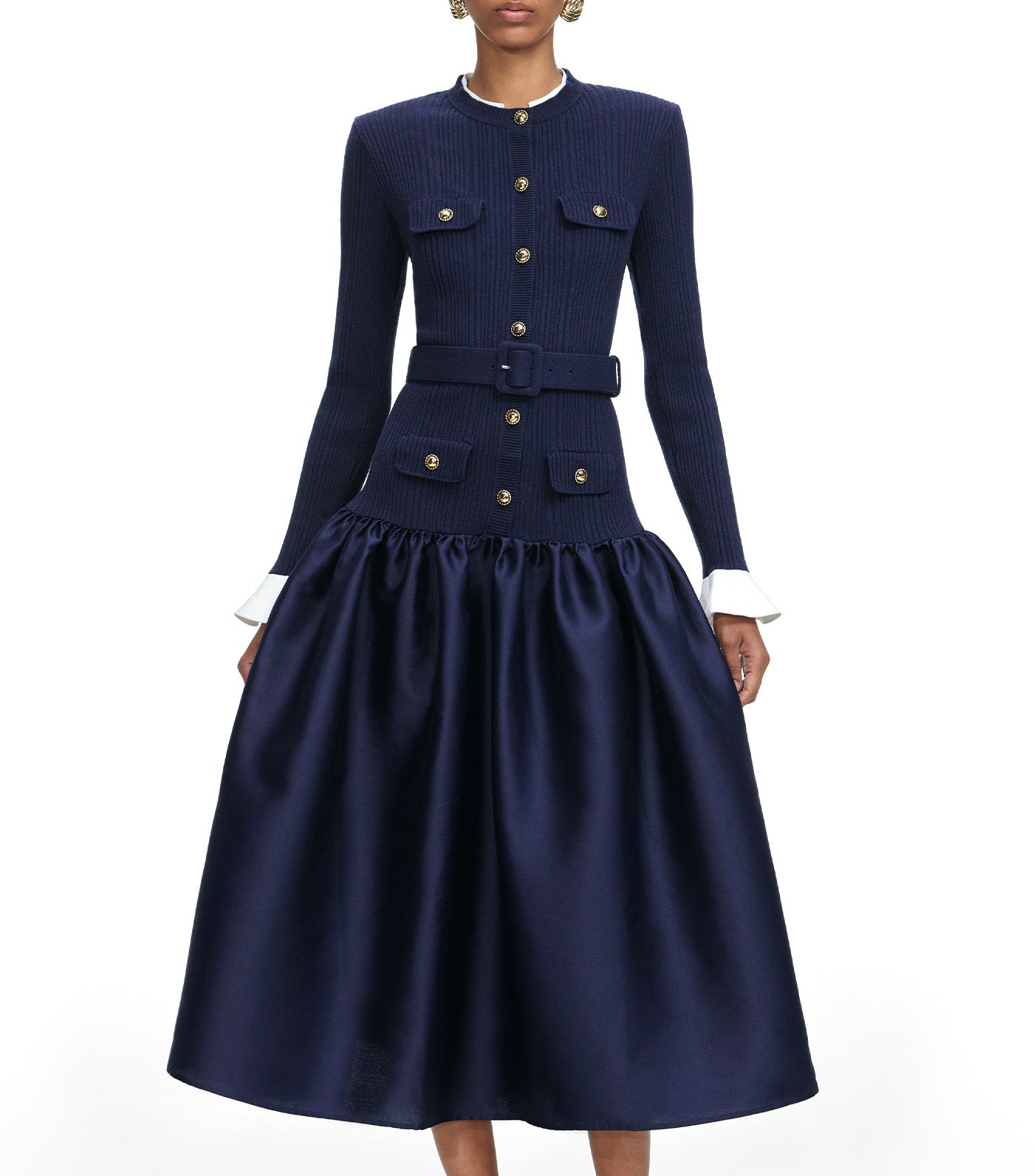 Knit Taffeta Midi Dress Navy