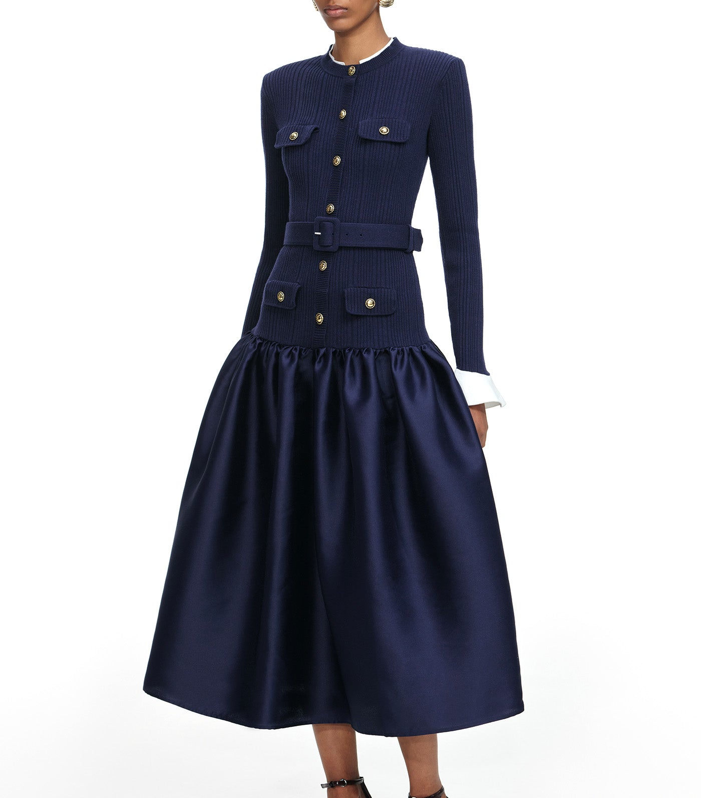 Knit Taffeta Midi Dress Navy