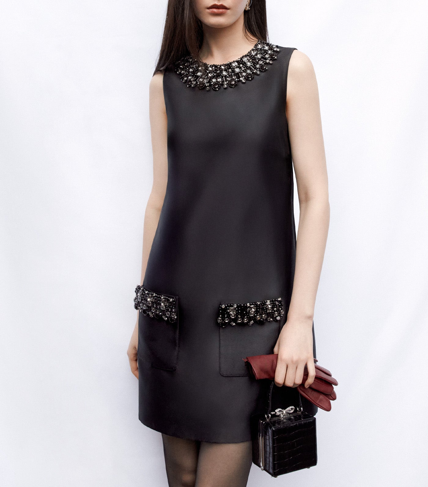 Taffeta Embellished Trim Mini Dress Black