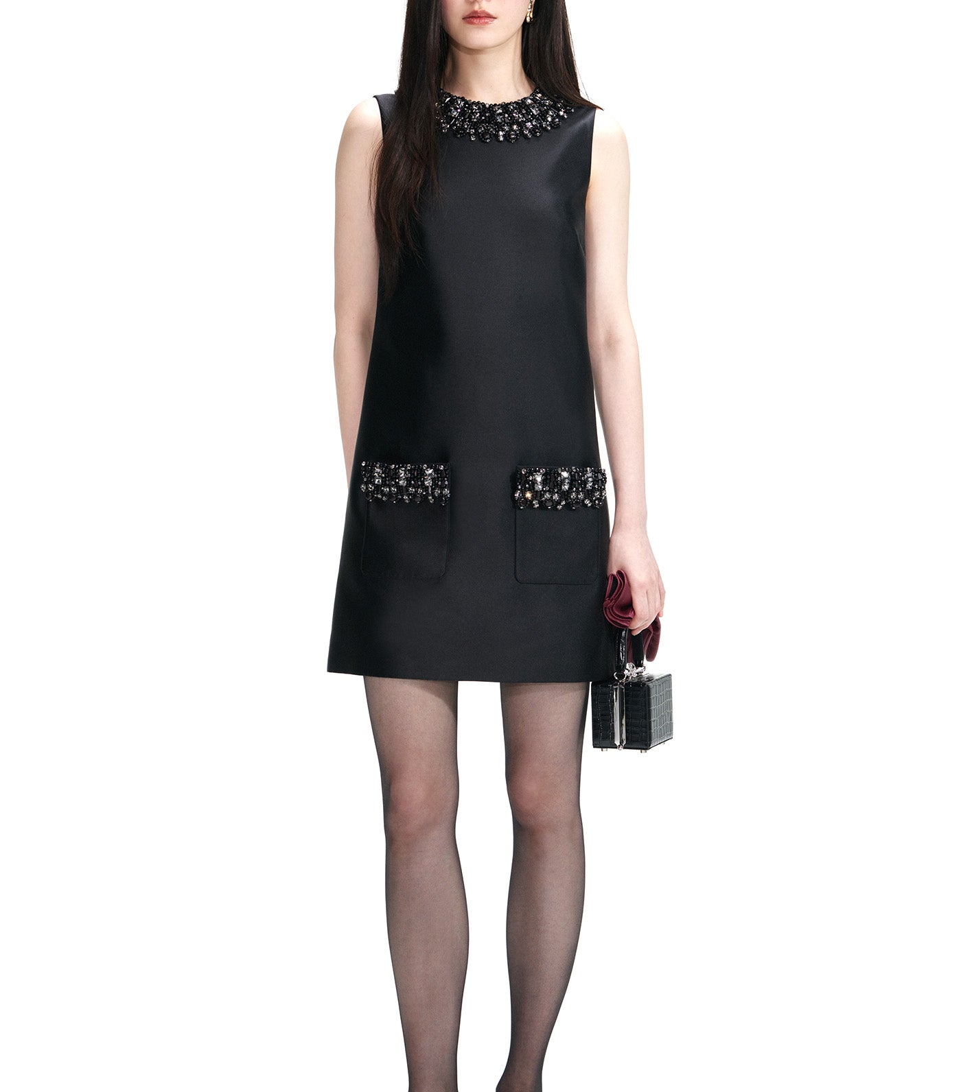 Taffeta Embellished Trim Mini Dress Black