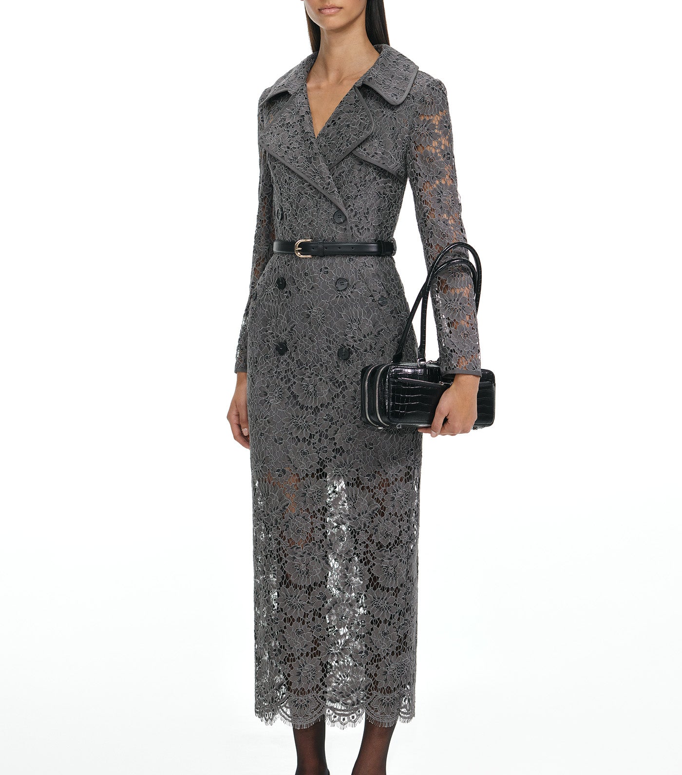 Floral Lace Midi Dress Gray