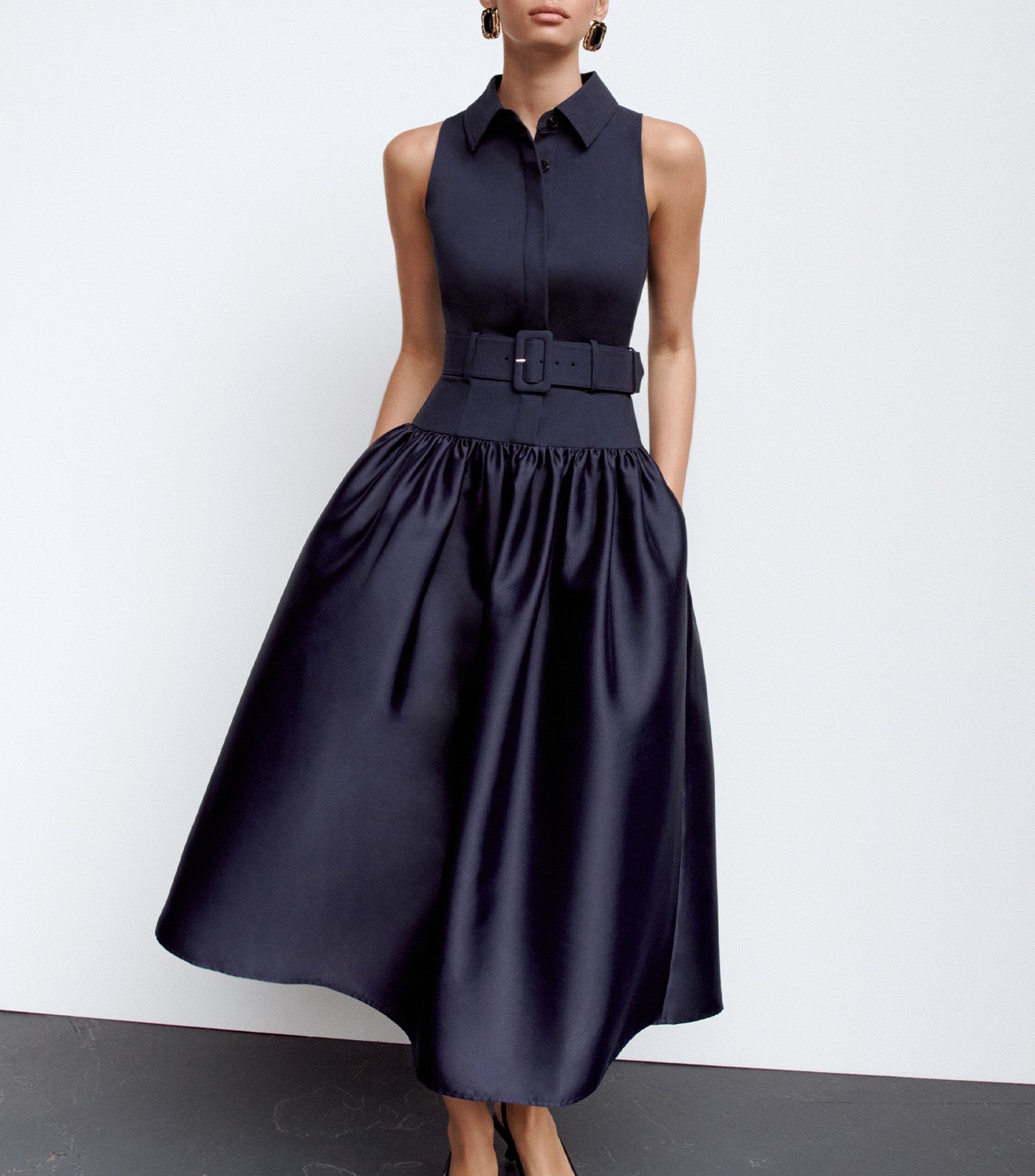 Self-Portrait Belted Twill Midi Dress Navy