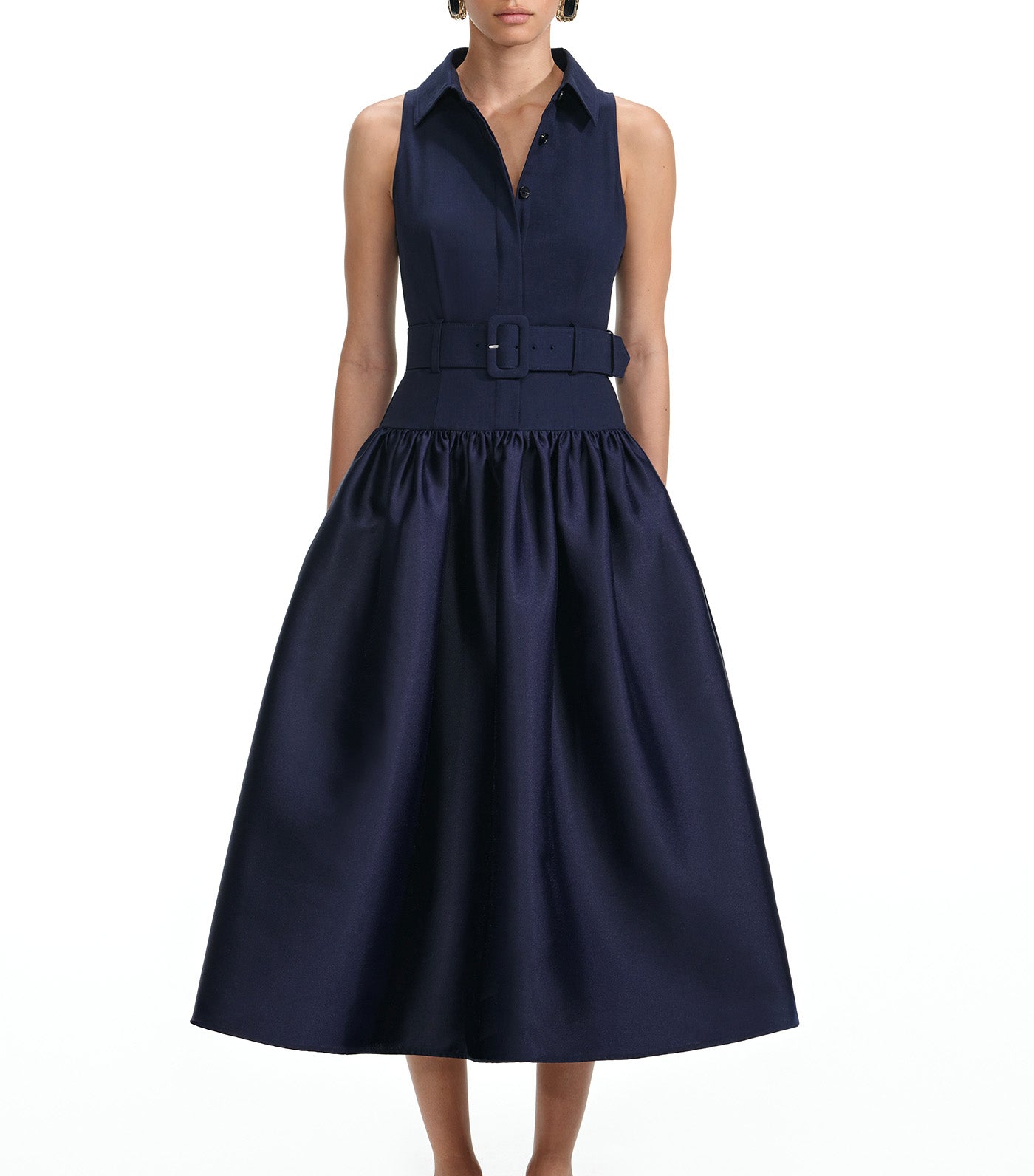 Self-Portrait Belted Twill Midi Dress Navy