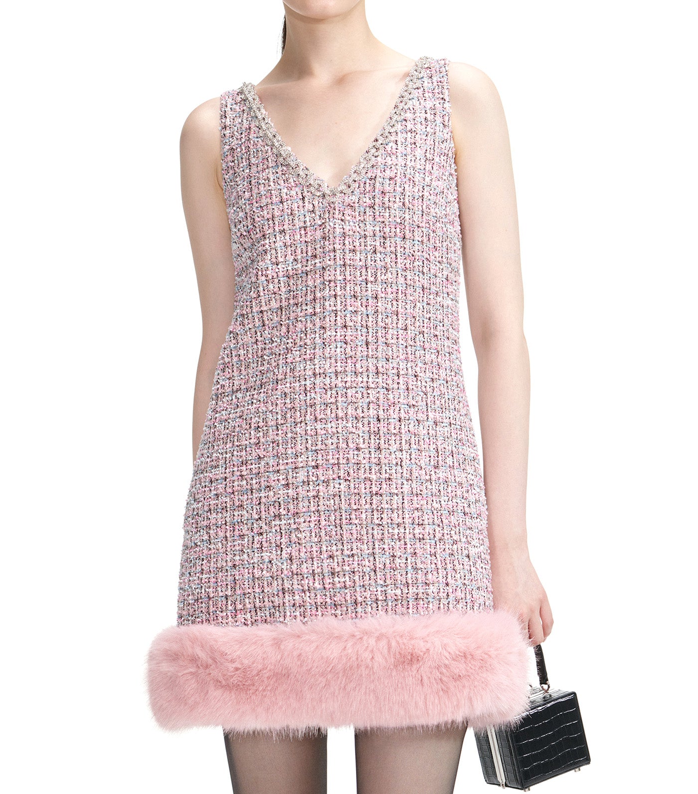 Self-Portrait Boucle Fur Hem Mini Dress Pink