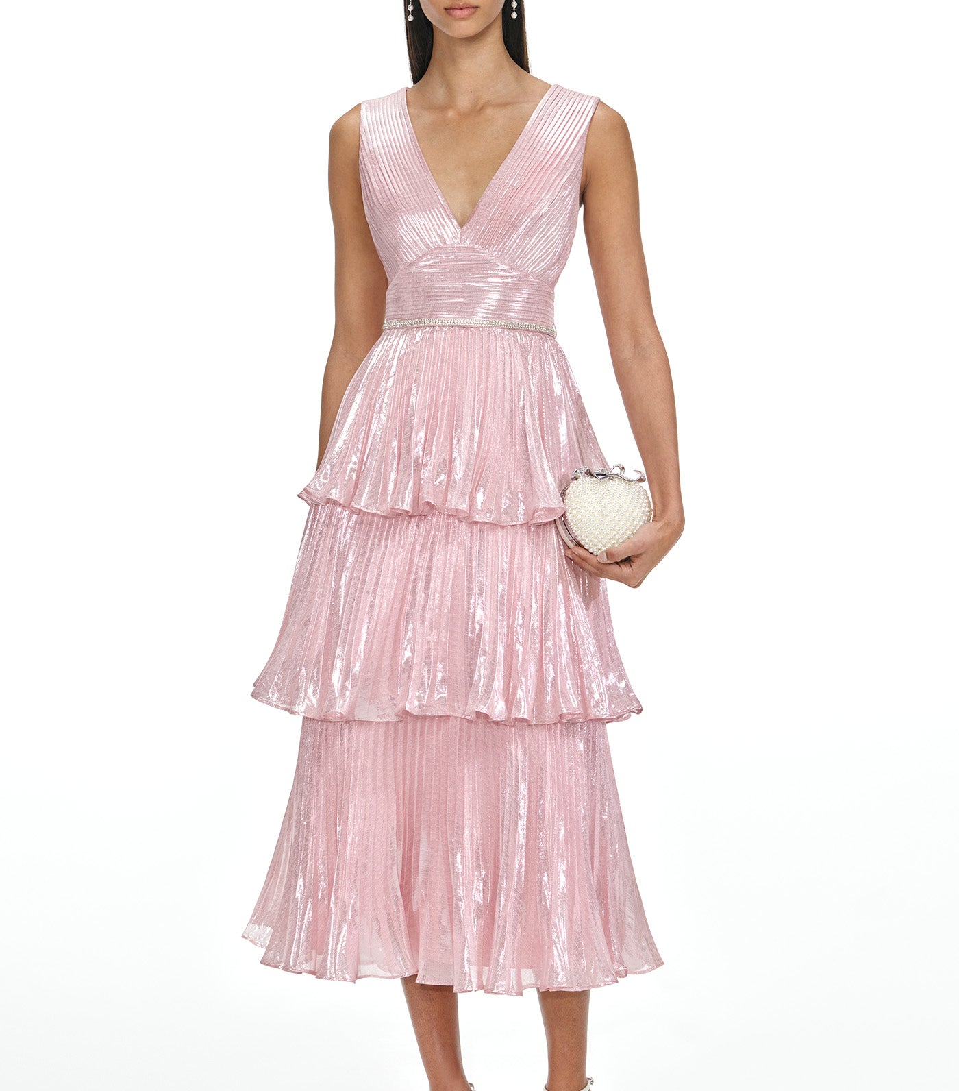 Self-Portrait Metallic Tiered Midi Dress Pink