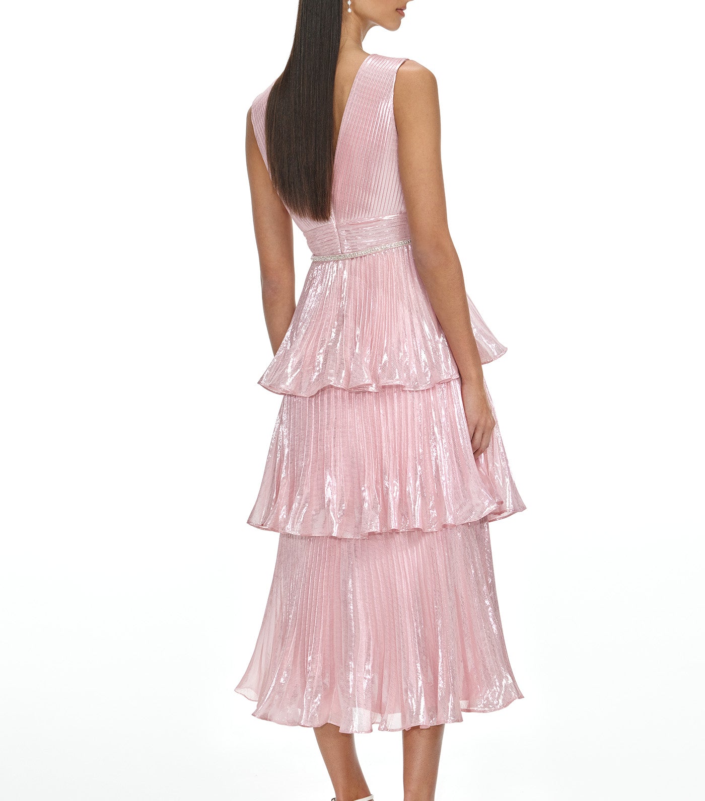 Self-Portrait Metallic Tiered Midi Dress Pink