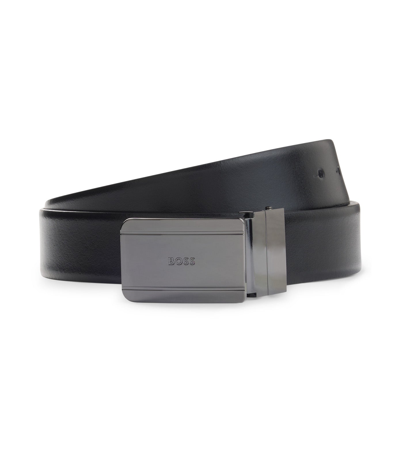 Reversible Leather Belt with Pin and Plaque Buckles Black