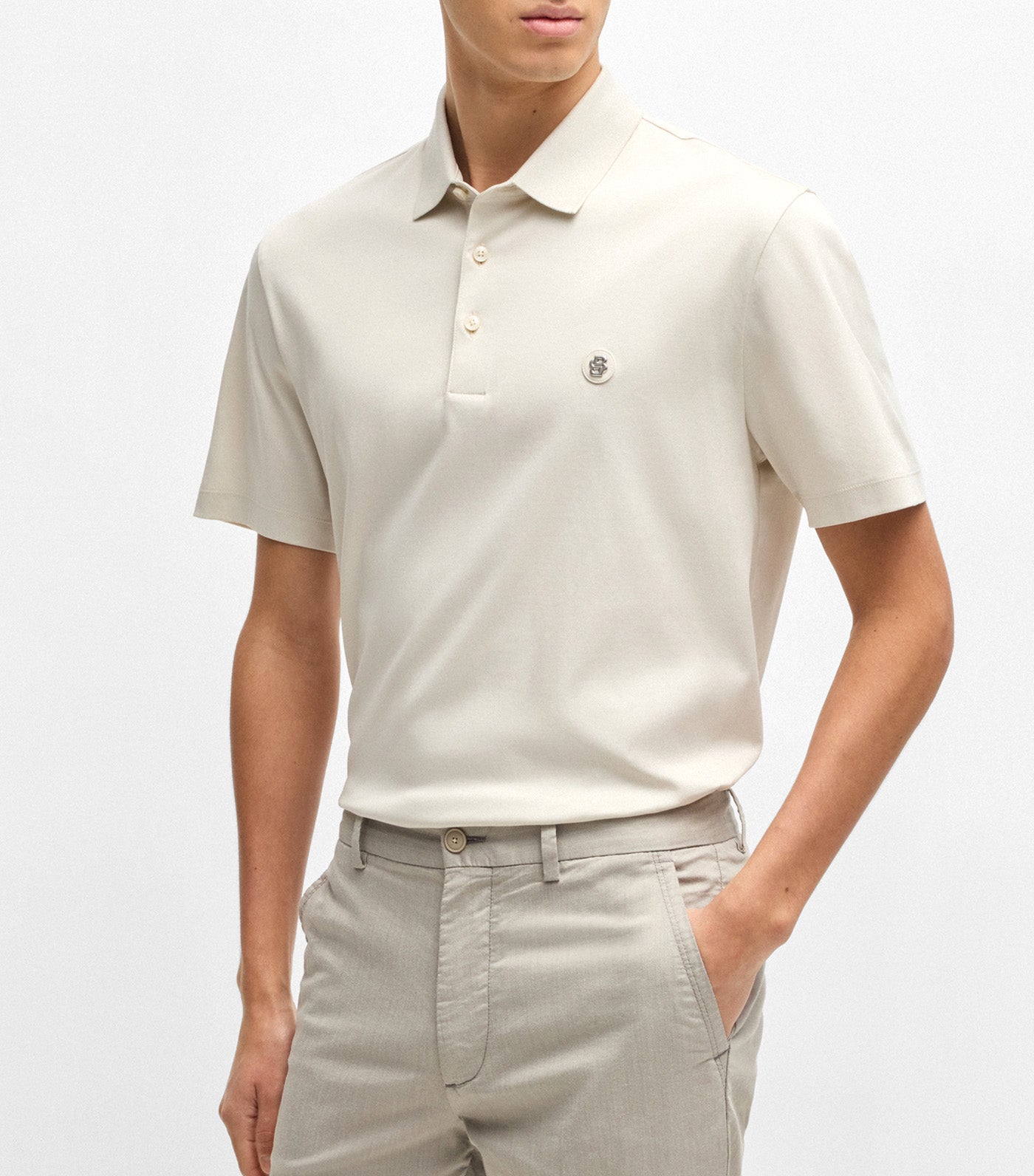 BOSS Mercerised-Cotton Polo Shirt with Double Monogram Open White