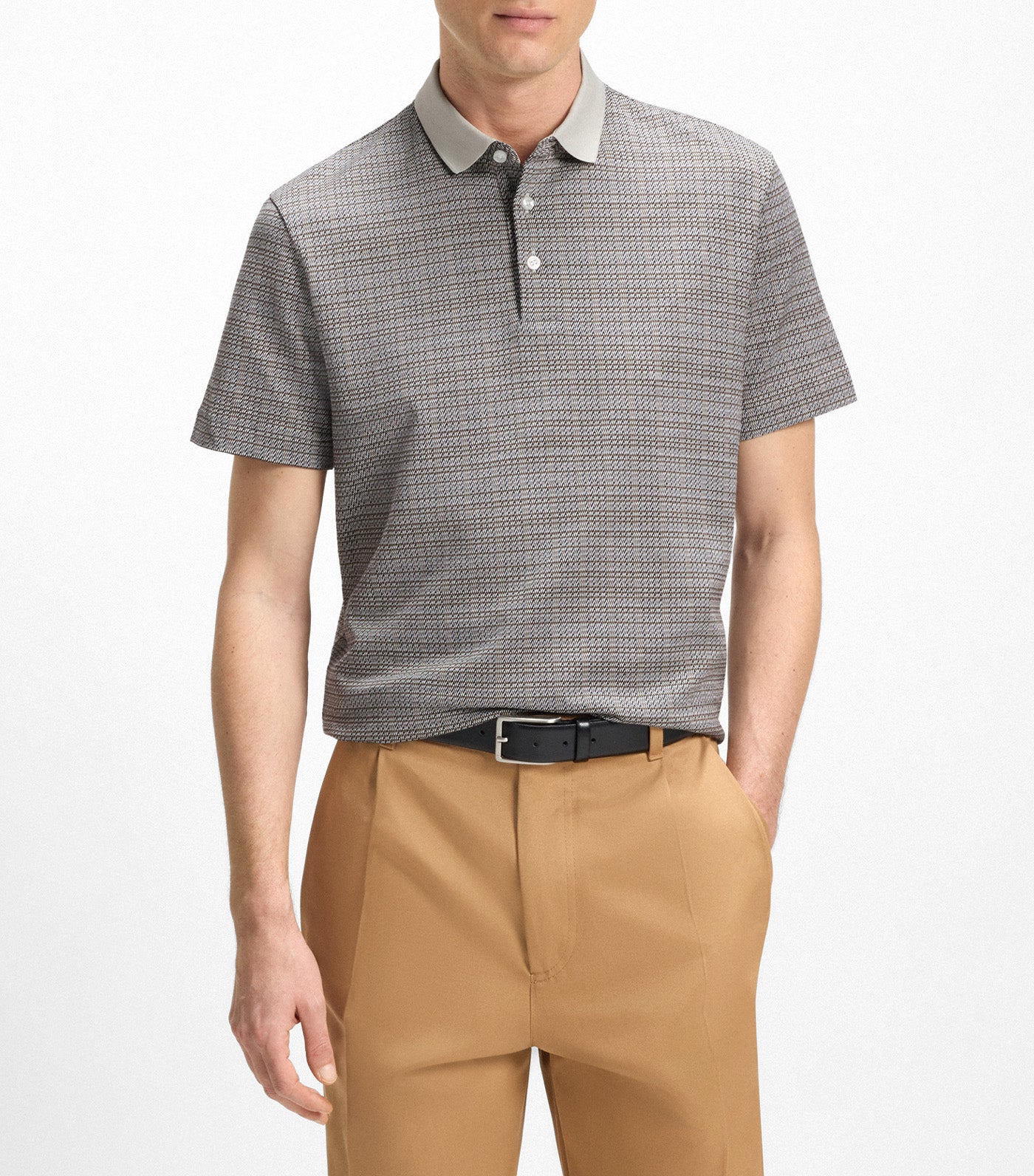BOSS Mercerised-Cotton Polo Shirt with Grid Pattern Open White