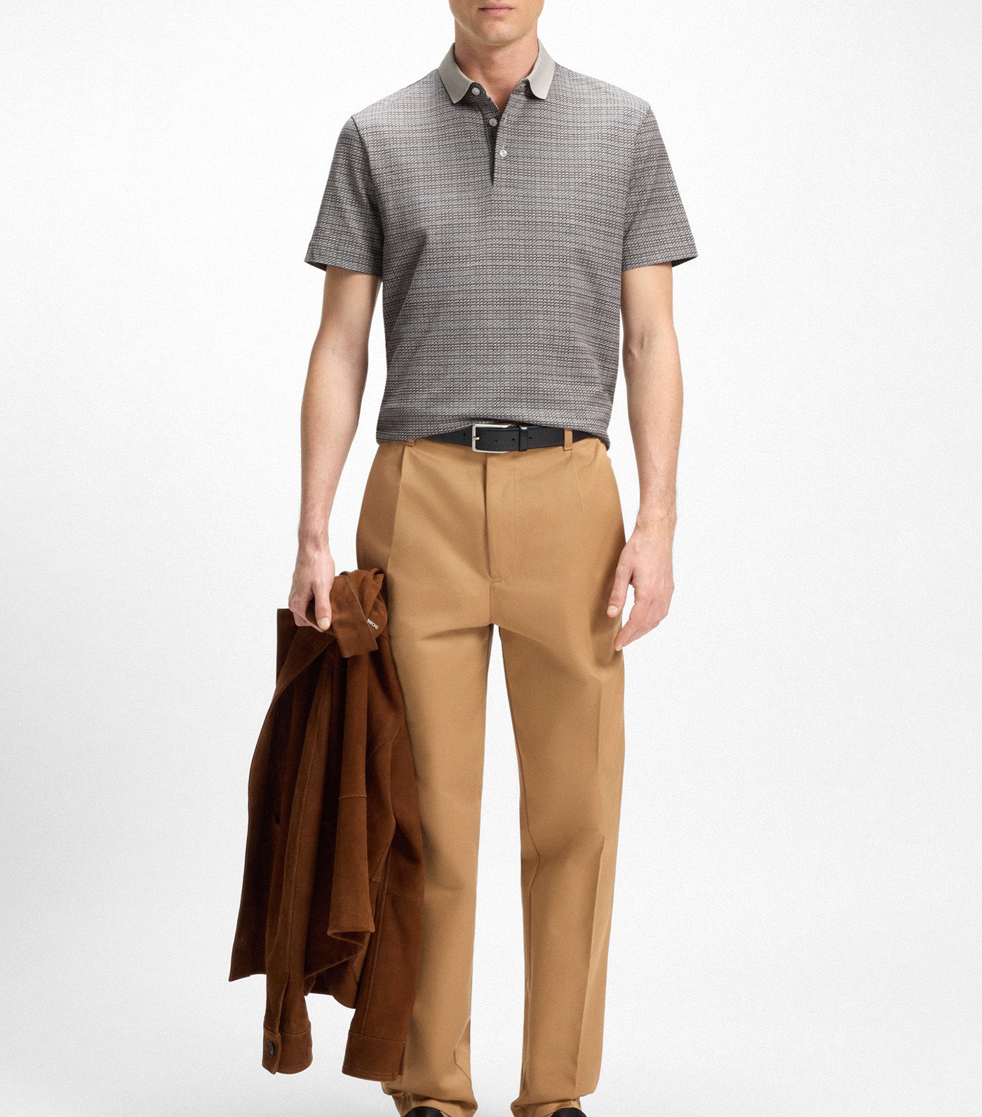 BOSS Mercerised-Cotton Polo Shirt with Grid Pattern Open White