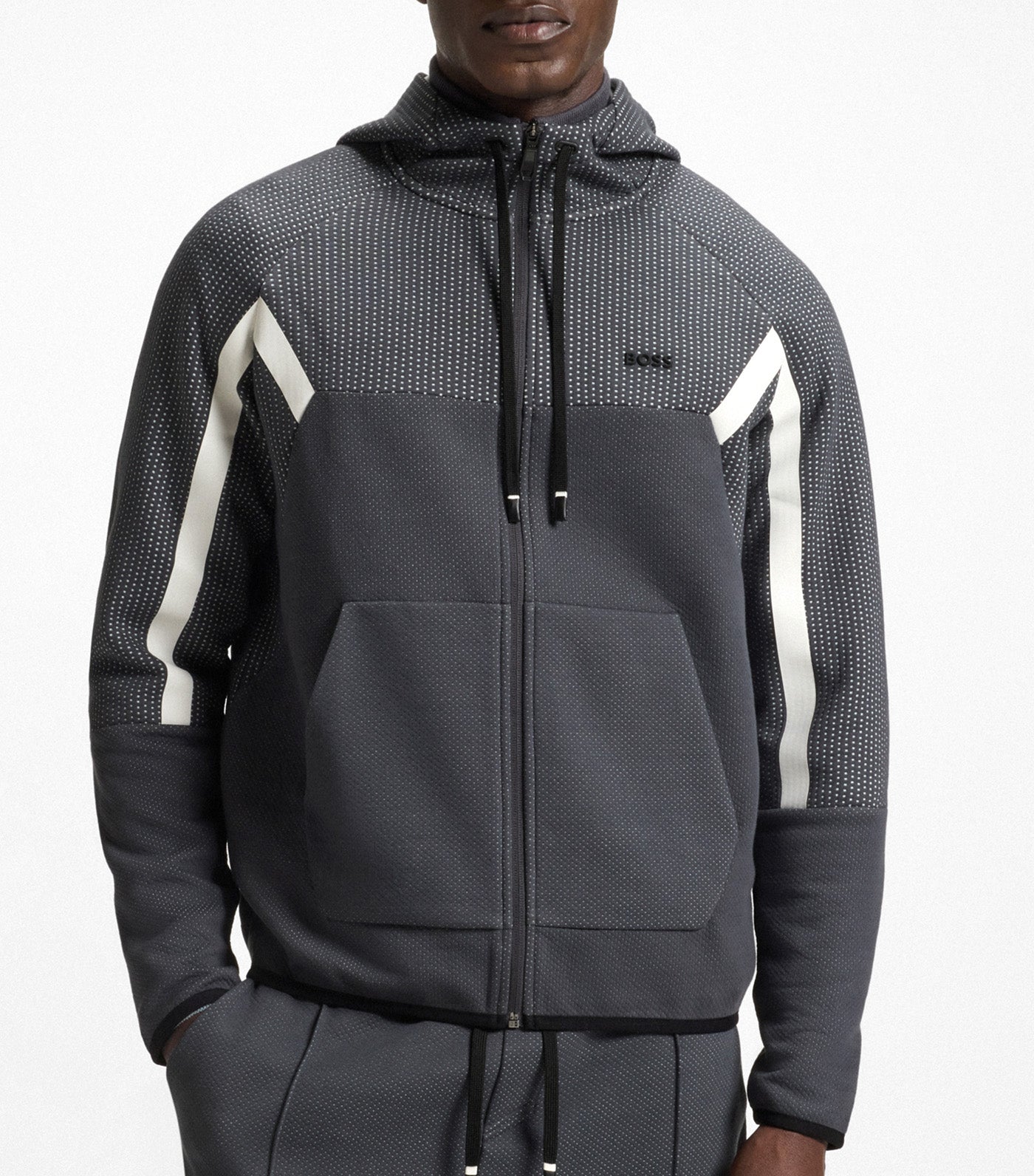 BOSS Regular-Fit Zip-Up Hoodie in Quilted Jacquard Dark Gray