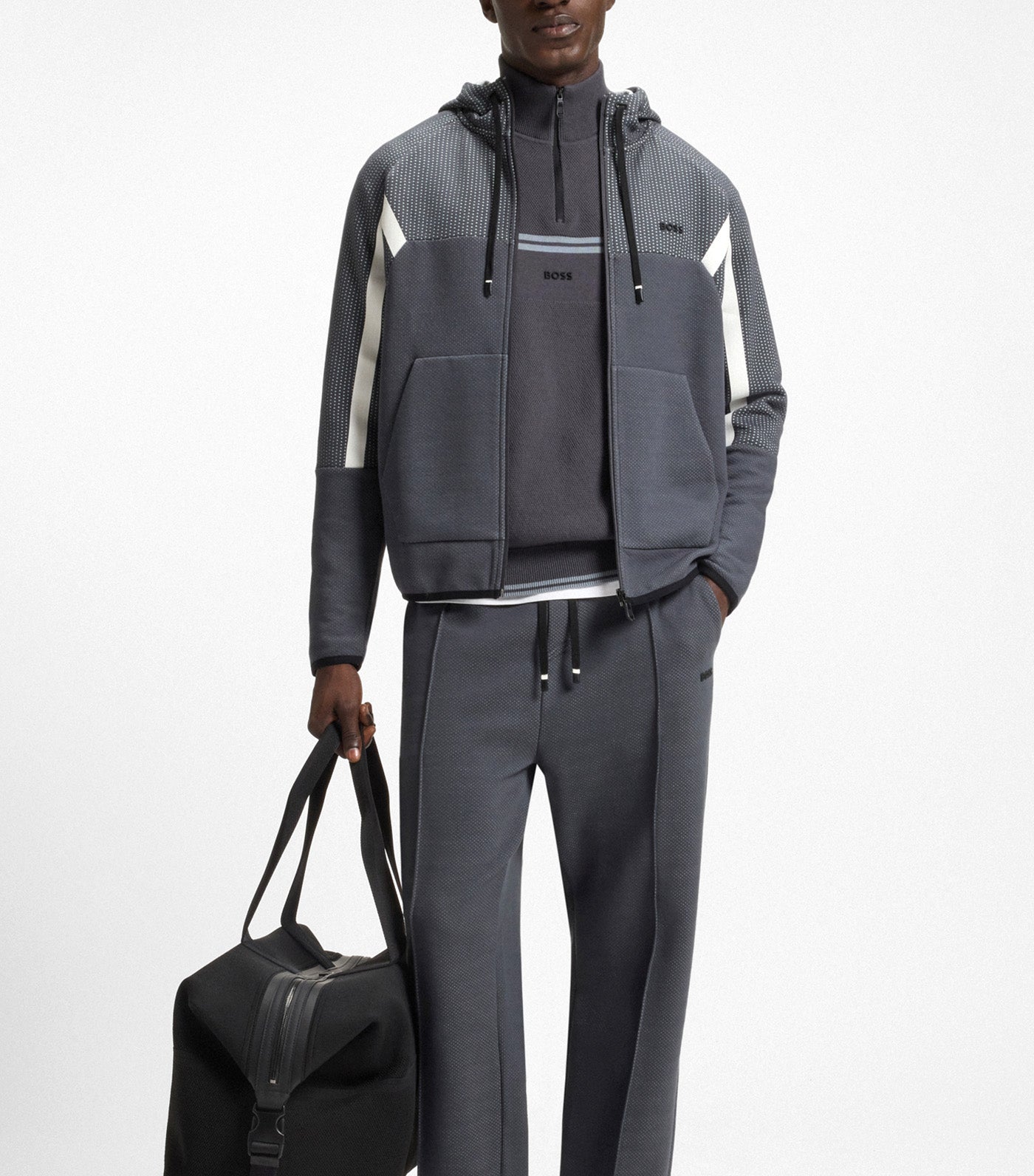 BOSS Relaxed-Fit Tracksuit Bottoms in Quilted Jacquard Dark Gray