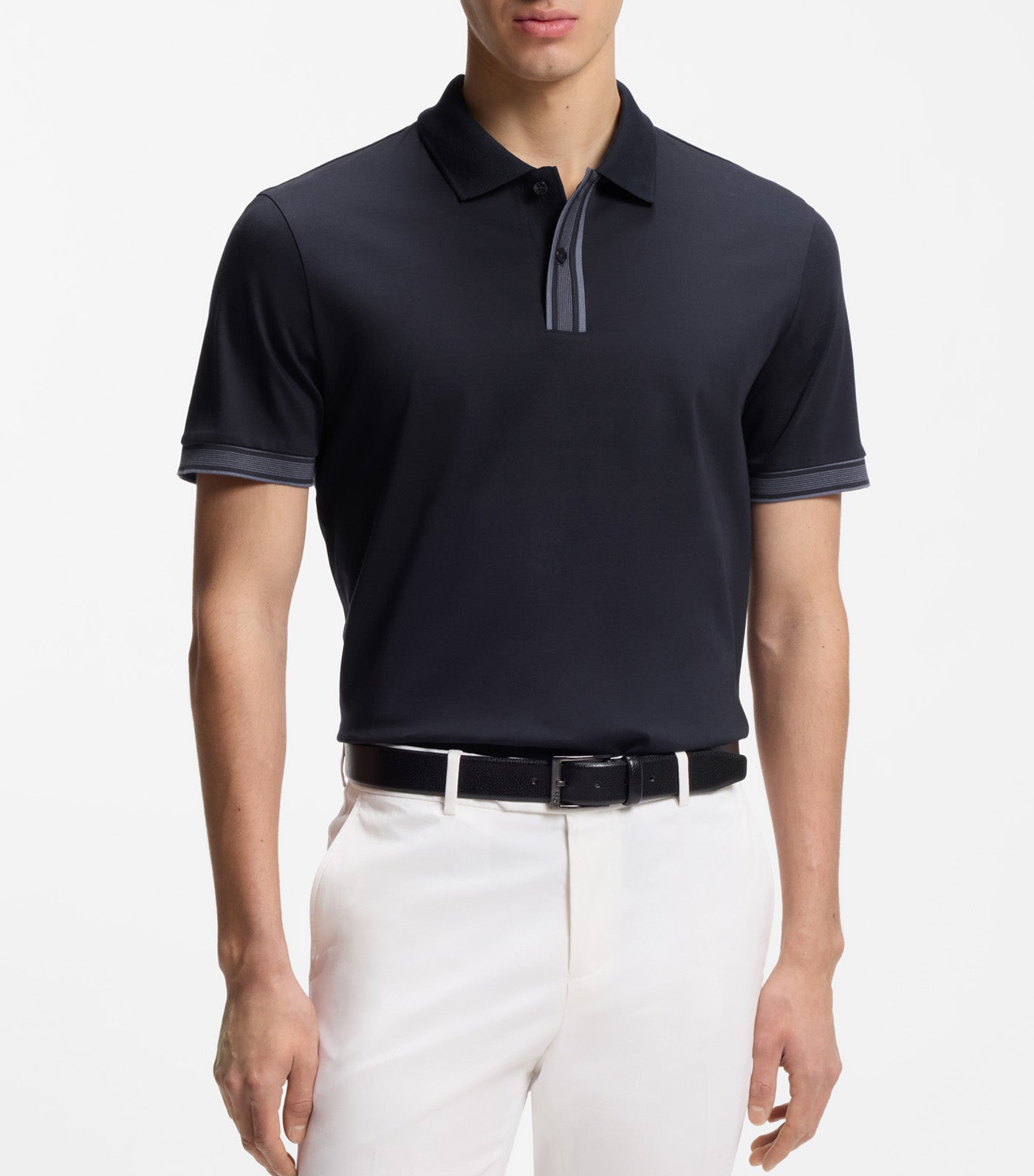Mercerised-Cotton Polo Shirt with Striped Trims 404 Dark Blue