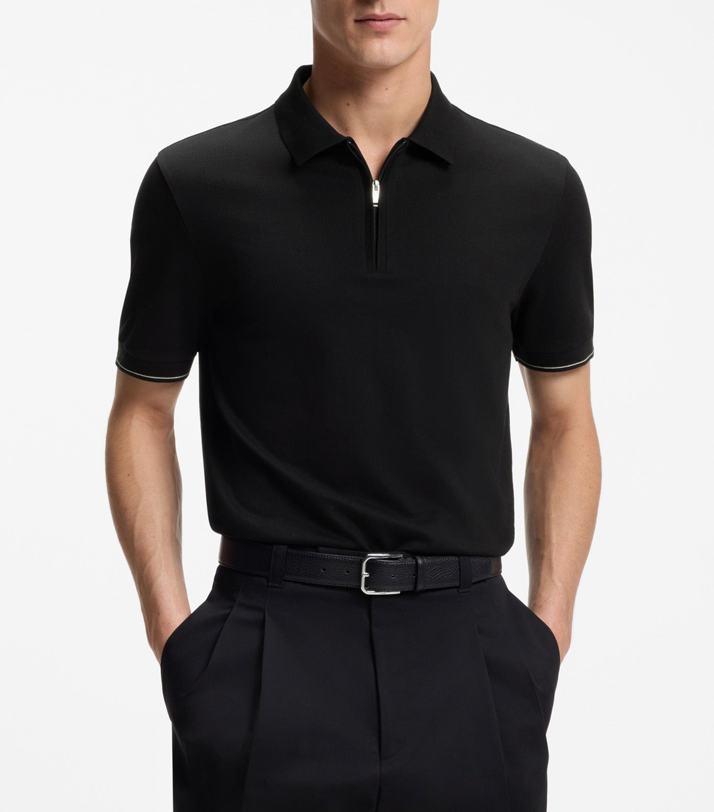 Regular-Fit Polo with Zip Closure Black