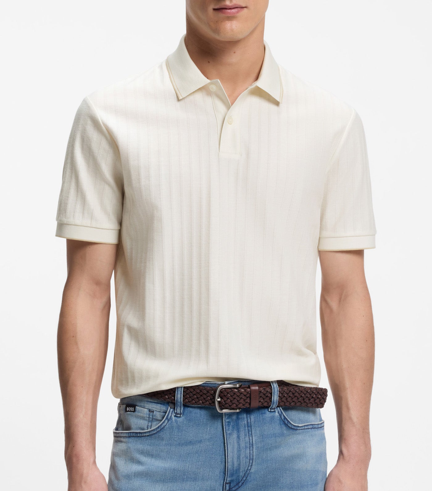 Striped-Cotton Polo Shirt with Tipping White