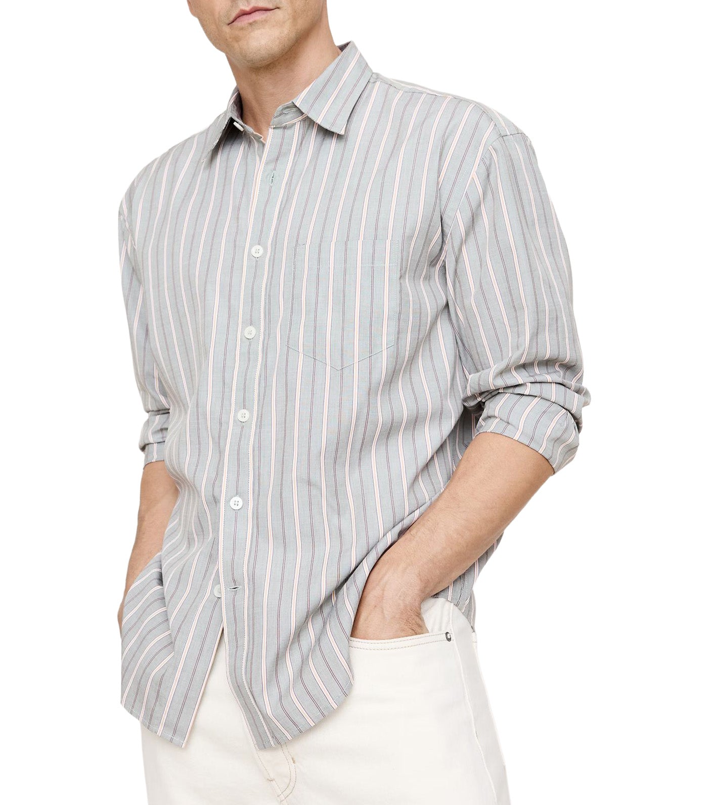 Banana Republic Relaxed-Fit Washed Cotton Poplin Shirt Green Stripe