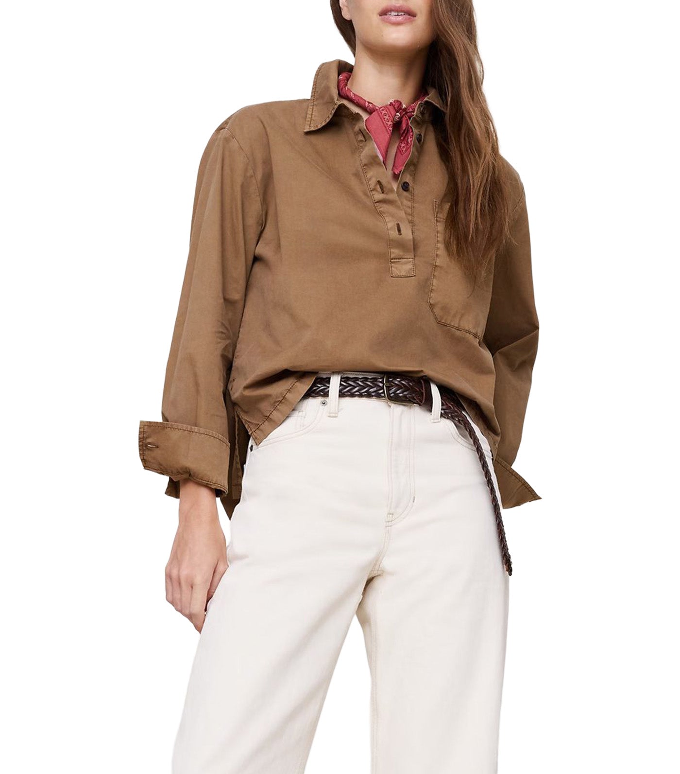 Banana Republic Oversized Cotton Twill Popover Shirt Saddle Brown
