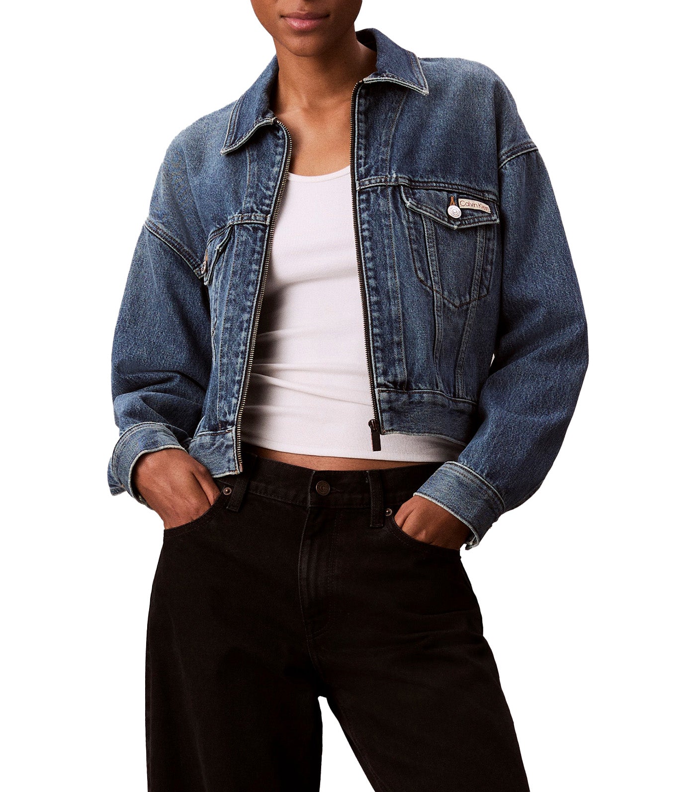 Cropped Zip Up Denim Jacket