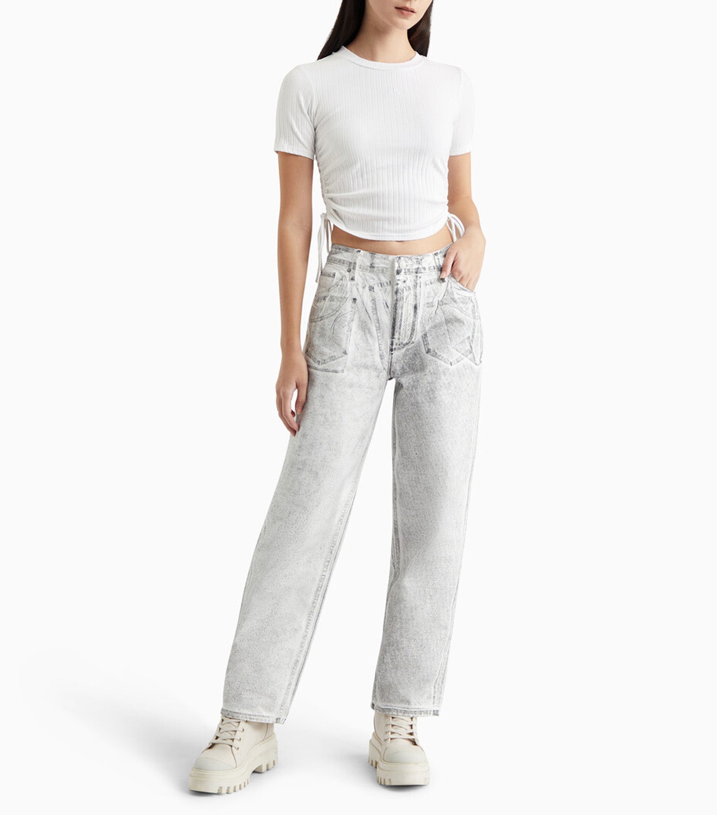 Ruched Rib Knit Tee Bright White