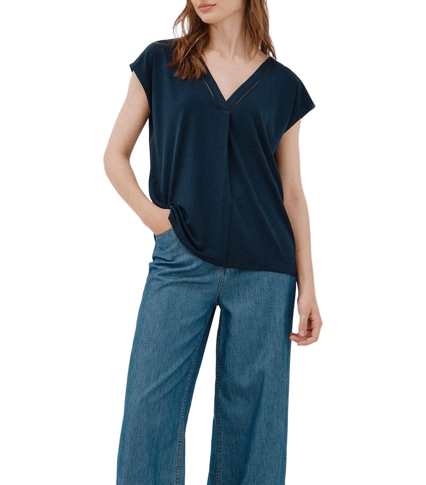 Cortefiel V-Neck T-Shirt with Lace Detail Navy