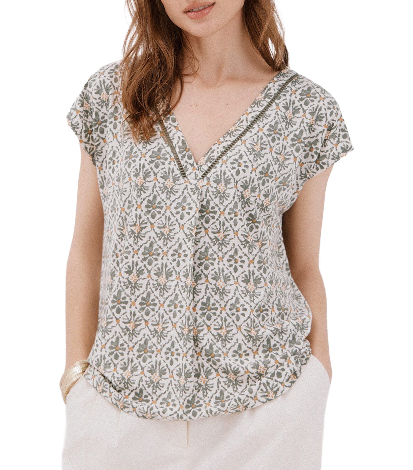 Cortefiel V-Neck T-Shirt with Lace Detail Green Print