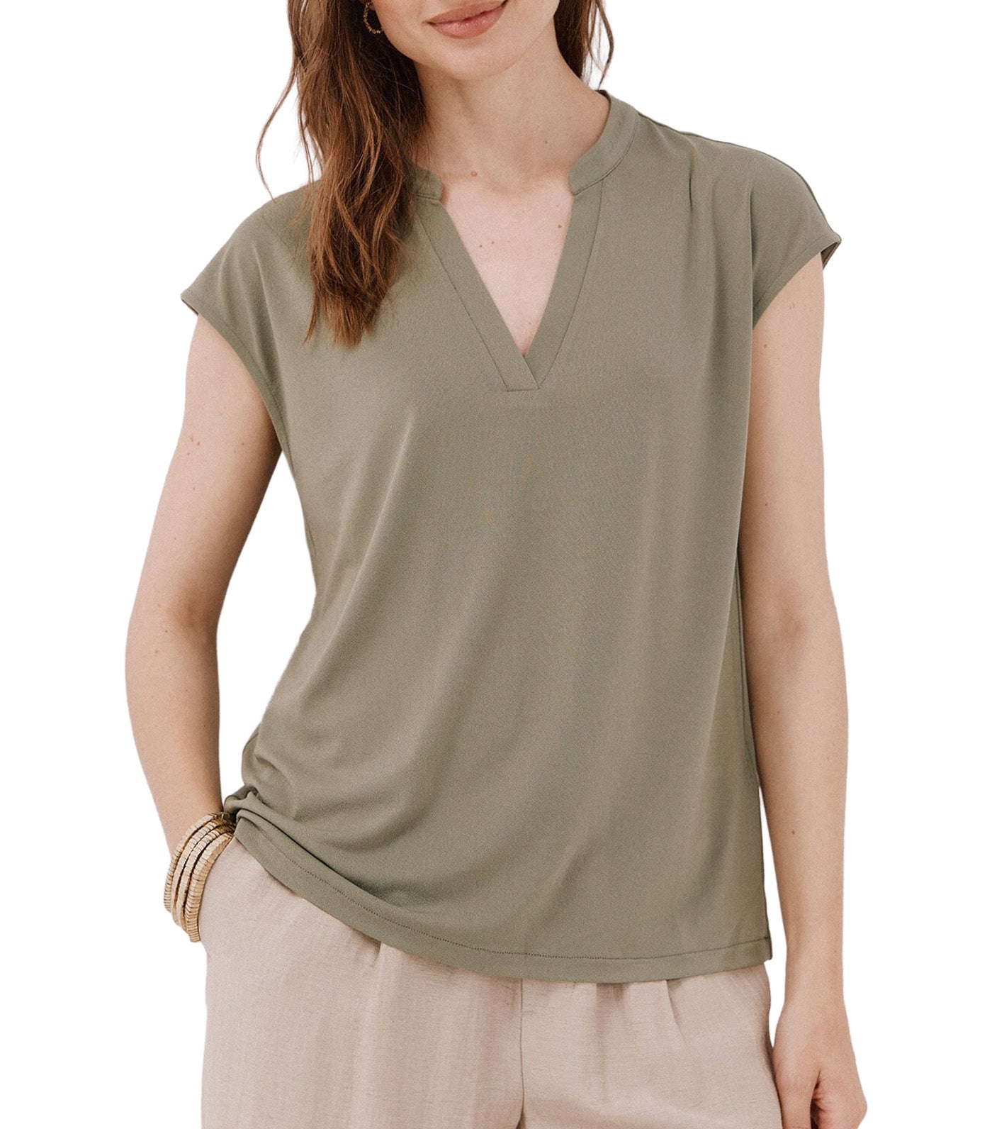 Cortefiel Basic Mandarin Collar T-Shirt Light Khaki