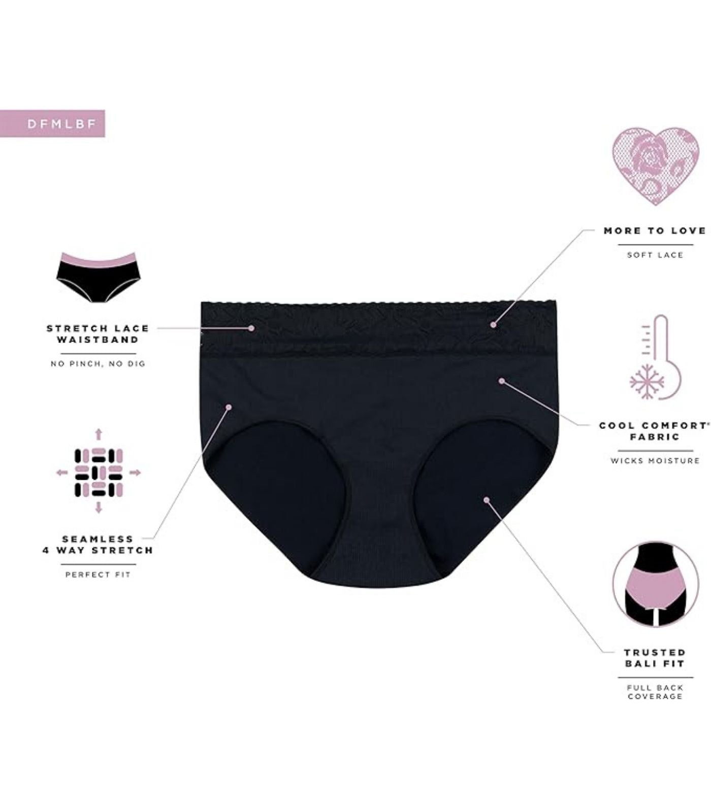 Modern Seamless Lace Trim Brief Underwear 3-Pack Black/Evening Blush/Smokey Purple Mauve