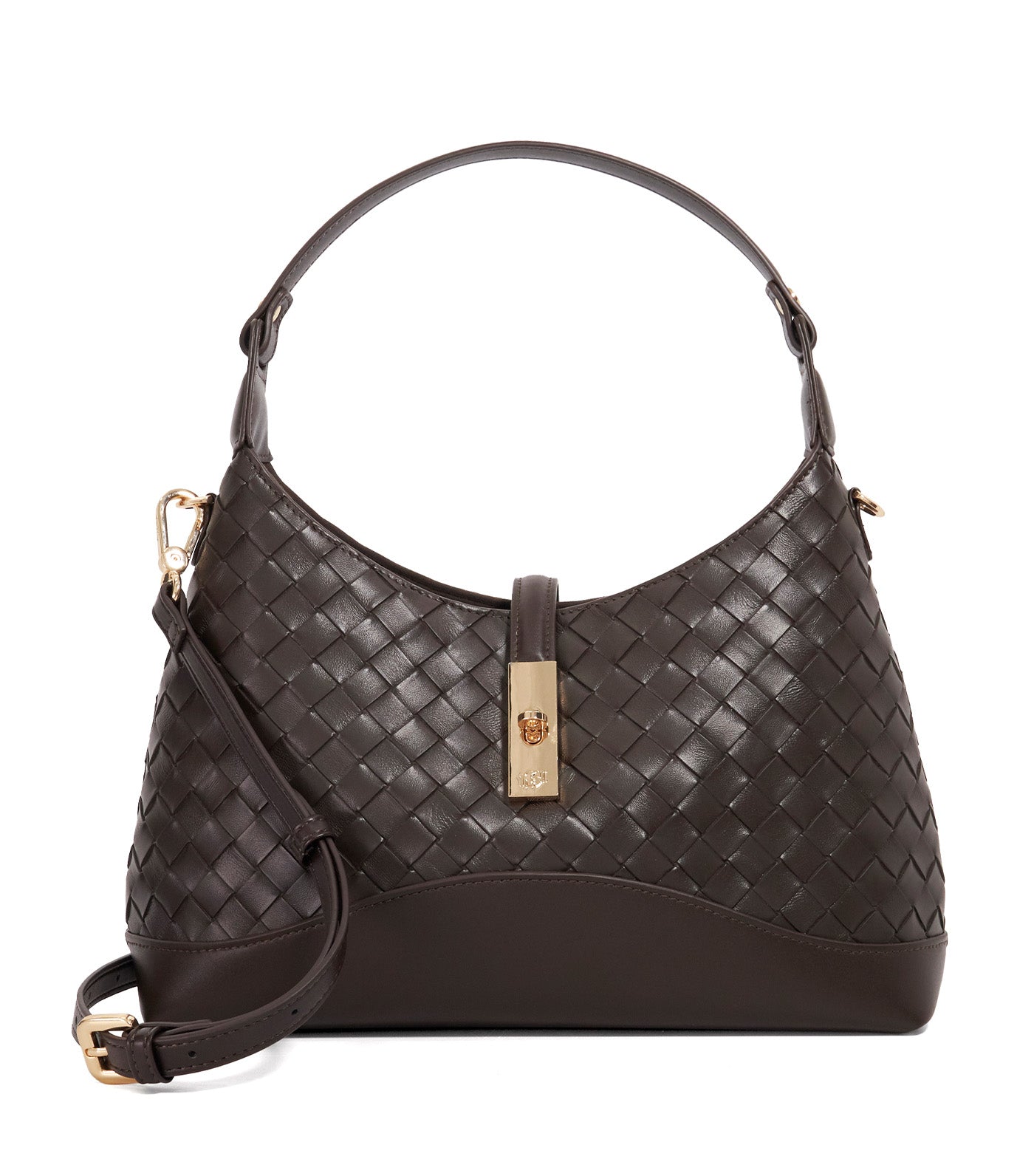 Dorset Medium Woven Turn Lock Shoulder Bag Dark Brown