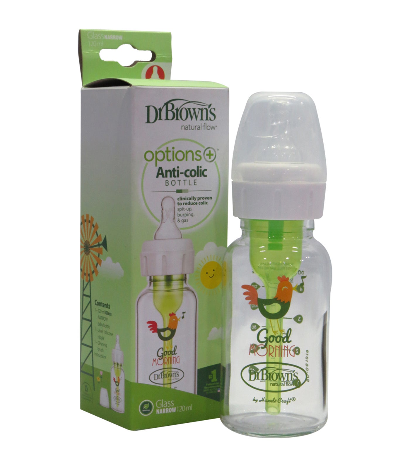 Feeding Bottle Glass Options+ Narrow-Neck 1-Pack 120ml - Rooster