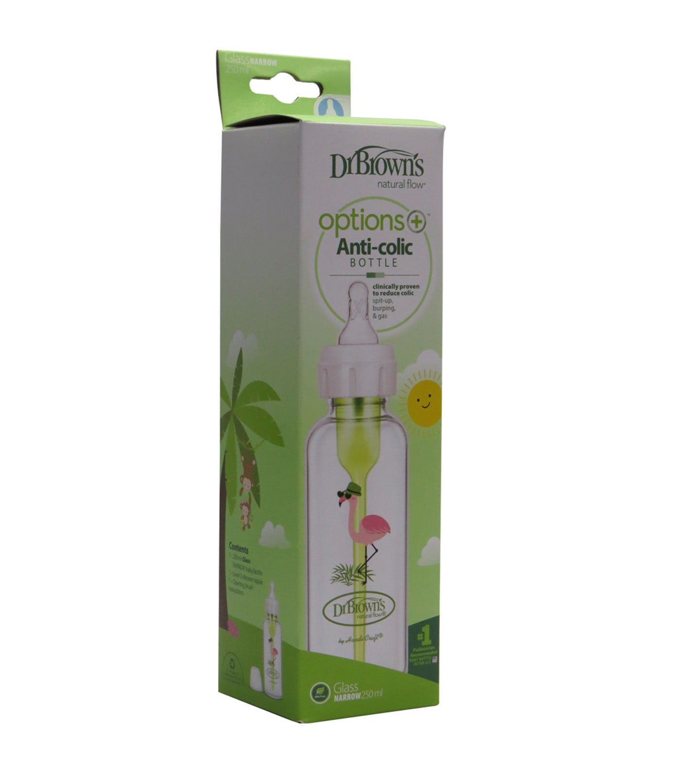 Feeding Bottle Glass Options+ Narrow-Neck Level 2 Nip 250ml - Flamingo