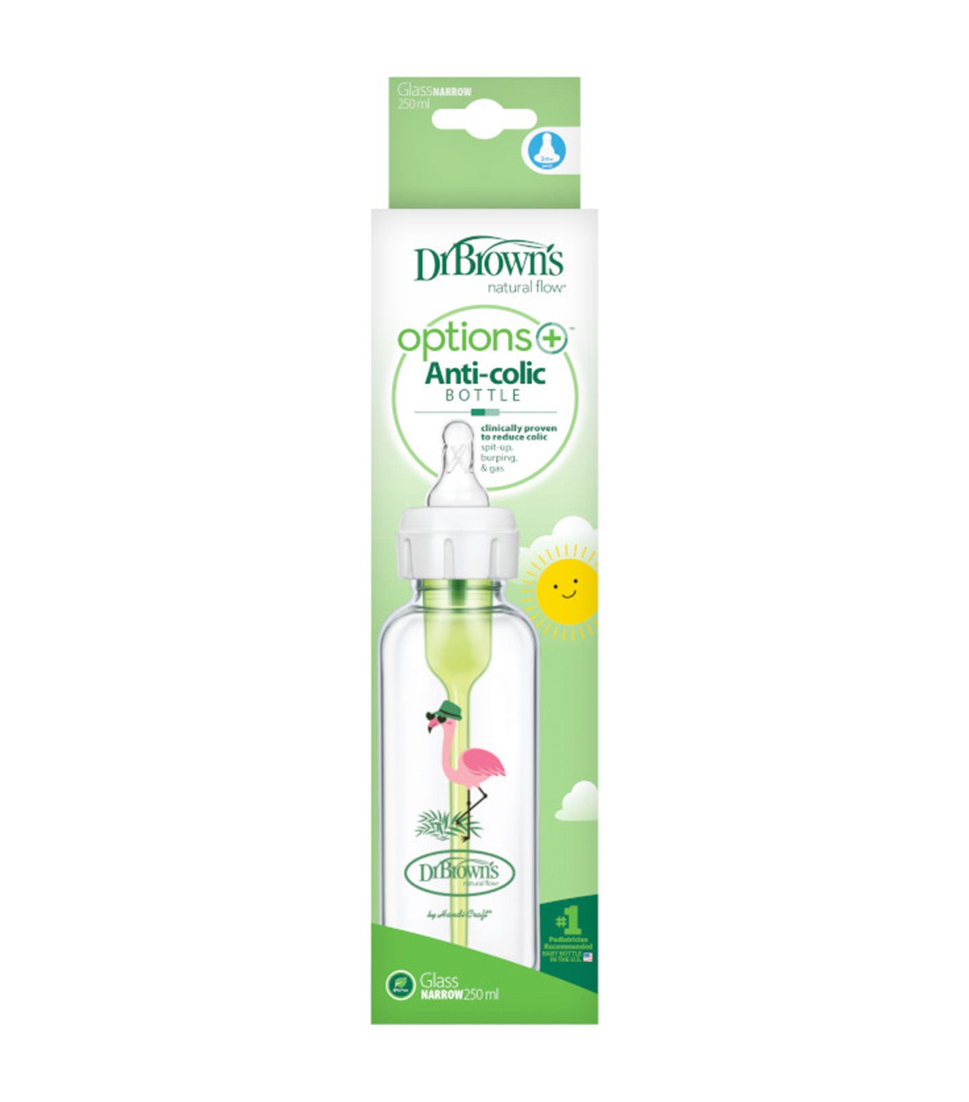 Feeding Bottle Glass Options+ Narrow-Neck Level 2 Nip 250ml - Flamingo