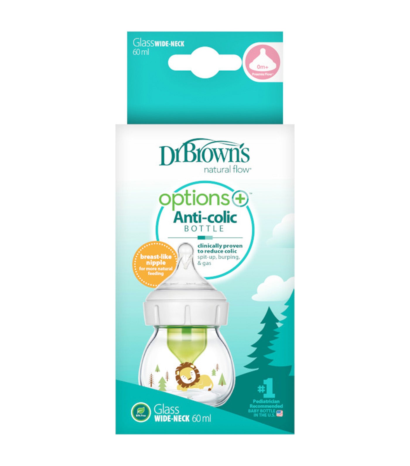 Feeding Bottle Glass Options+ Bottle with Preemie Nipple 60ml - Lion