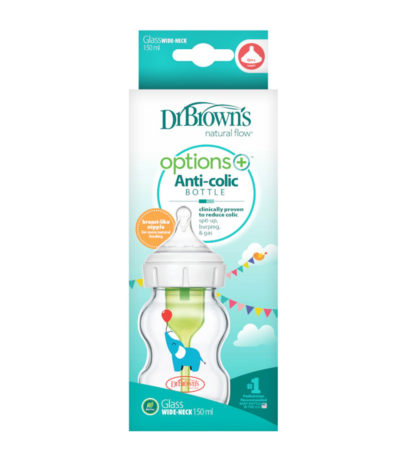 Feeding Bottle Glass Options+ Wide-Neck 150ml - Elephant