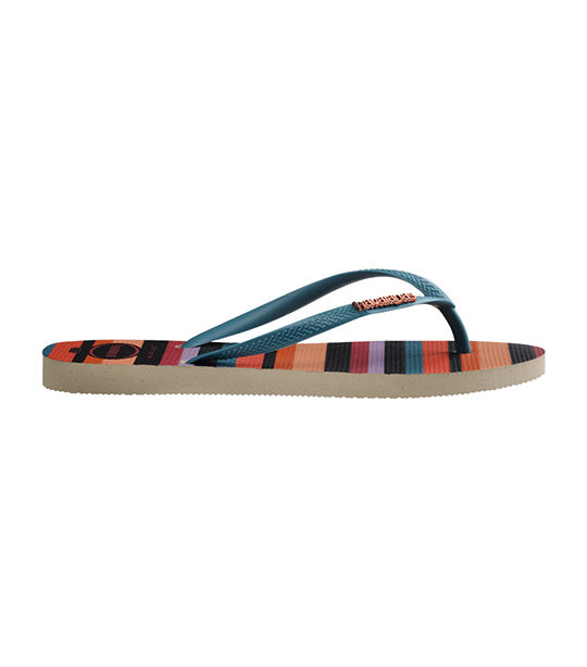 Slim Patchwork Flip Flops Beige/Straw Blue