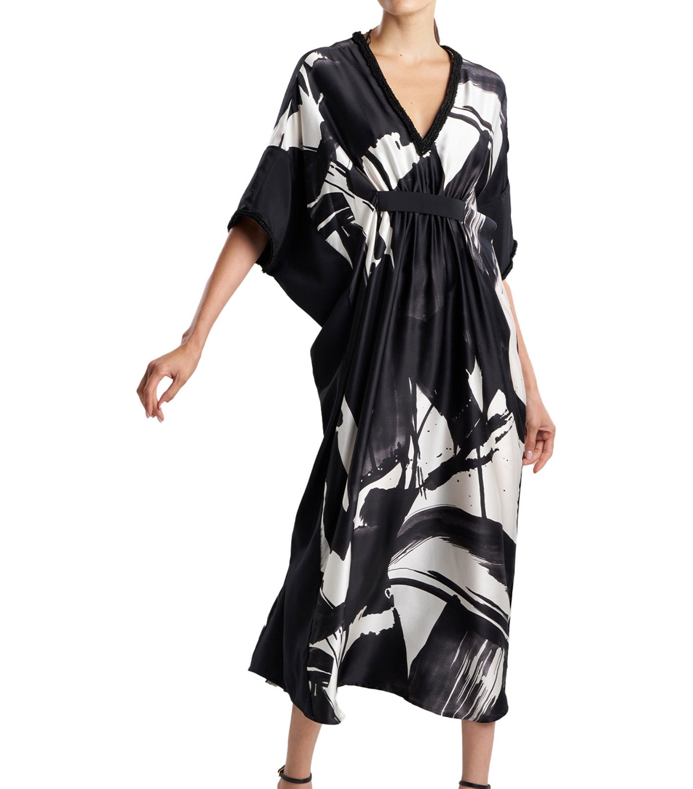 Shodo Beaded Silk Caftan Black/White