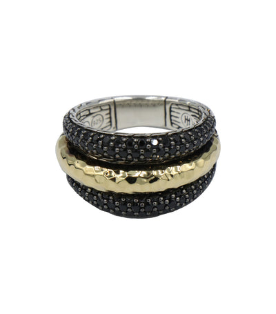 Classic Chain Hammered 18K Gold and Silver Ring with Treated Black Sapphire and Black Spinel