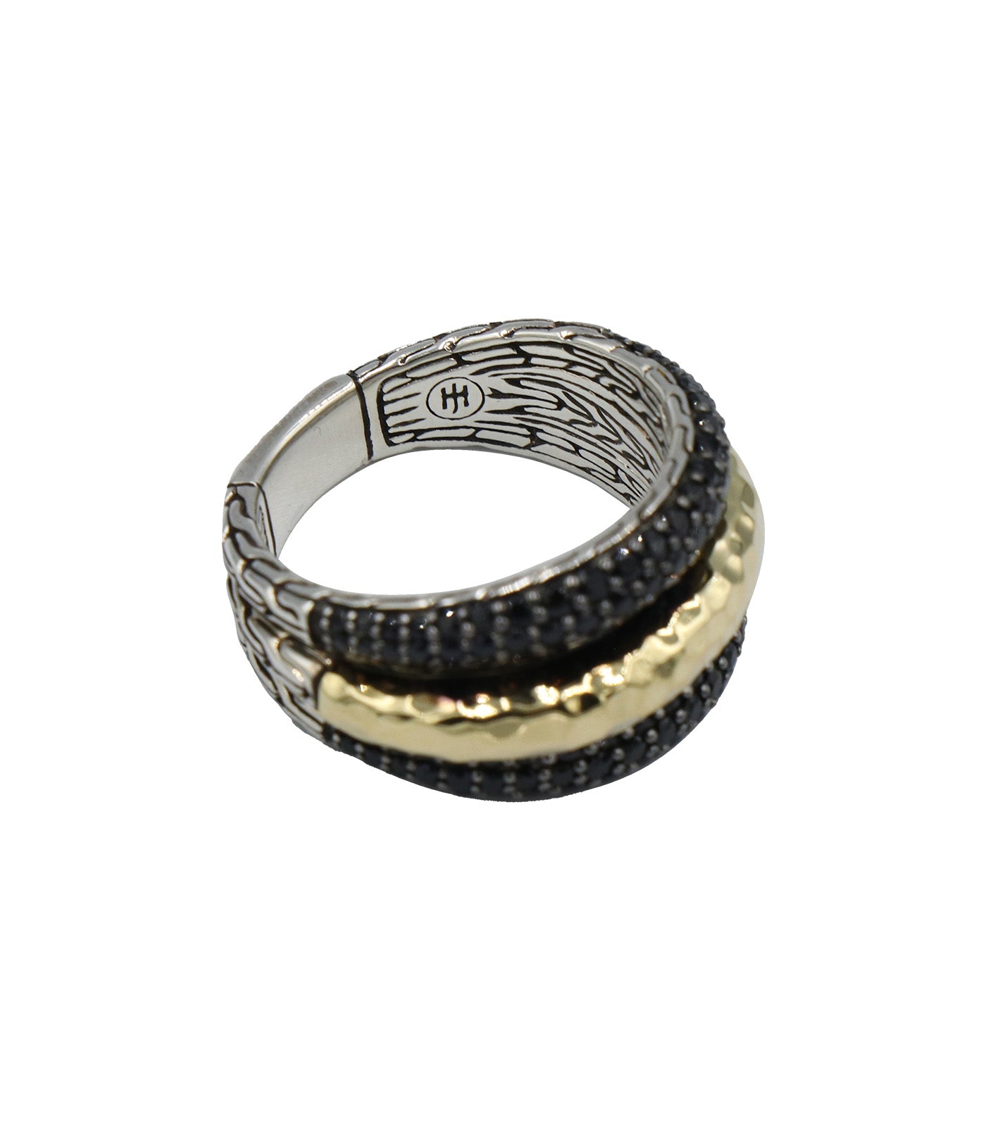 Classic Chain Hammered 18K Gold and Silver Ring with Treated Black Sapphire and Black Spinel