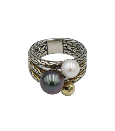 Classic Chain Hammered 18K Gold and Silver Ring with Tahitian Pearl and Cultured Fresh Water Pearl