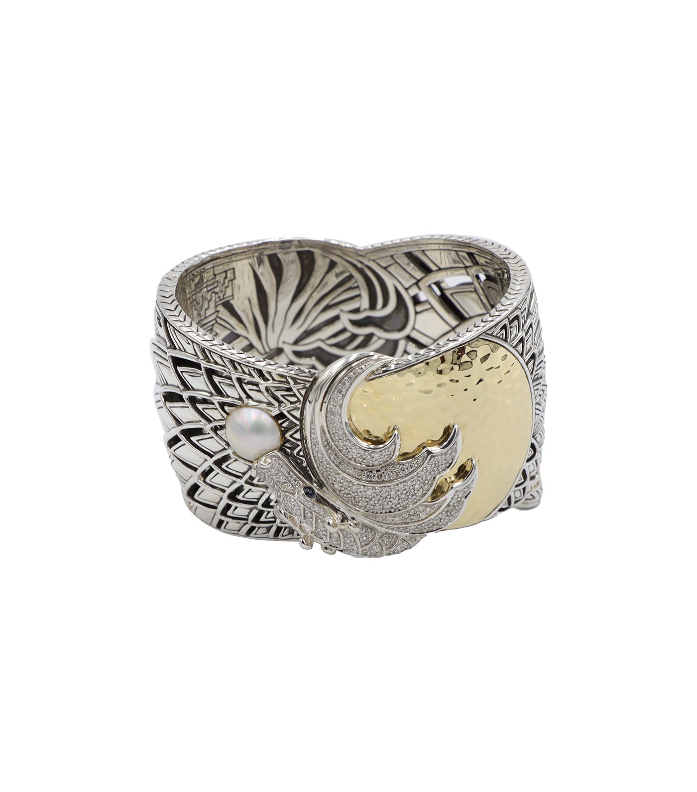 Legends Naga Hammered 18K Gold and Silver Diamond Pave Hinged Bangle with Mabe Fresh Water Pearl with Blue Sapphire Eyes