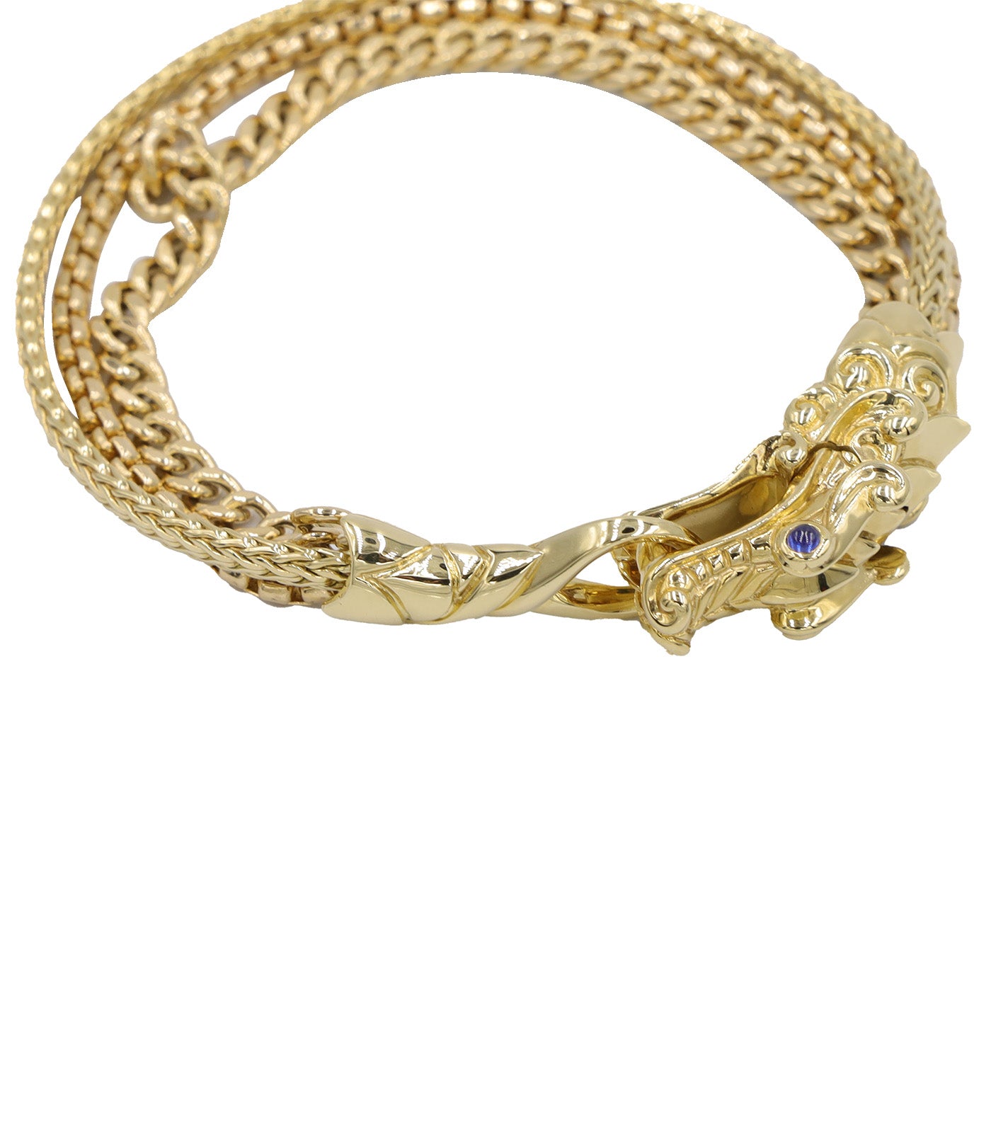 Legends Naga 18K Gold Triple Row Bracelet with Pusher Clasp with Blue Sapphire Eyes