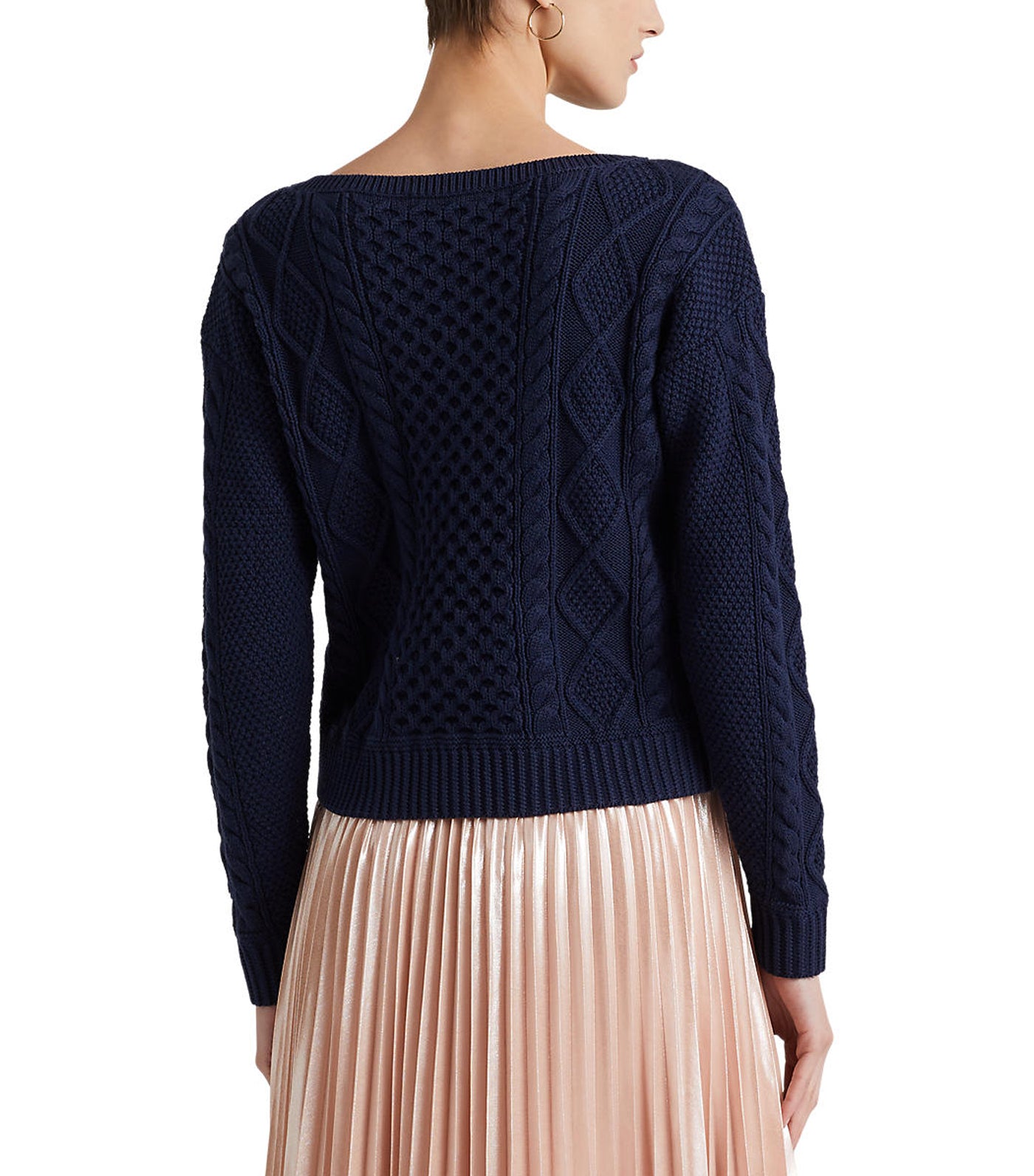 Women's Aran-Knit Cotton Boatneck Sweater French Navy