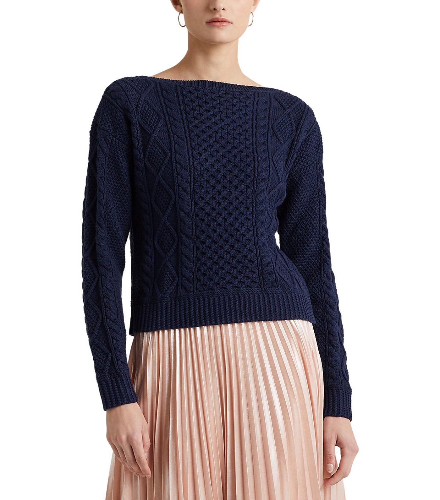 Women's Aran-Knit Cotton Boatneck Sweater French Navy