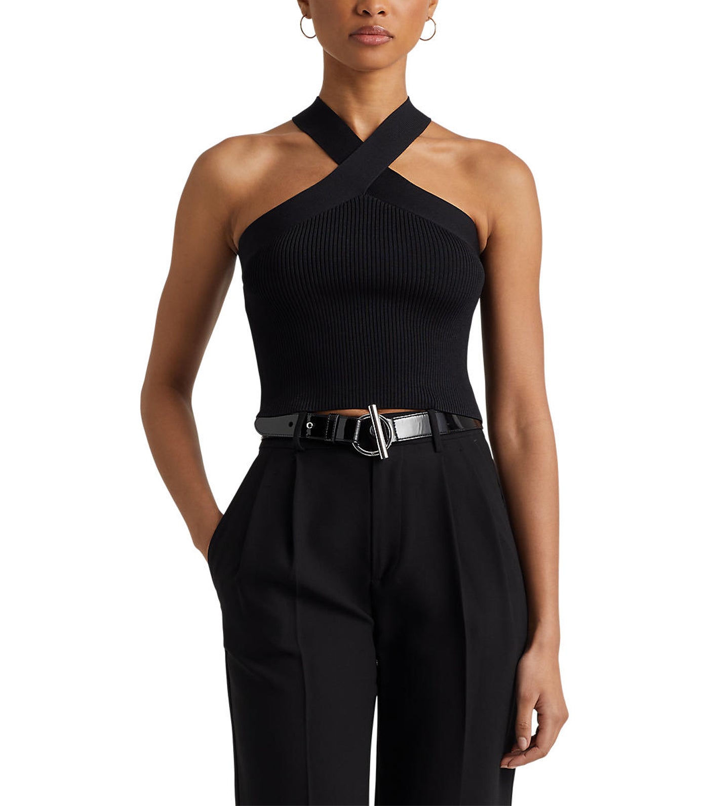 Women's Ribbed Cropped Halter Top Black