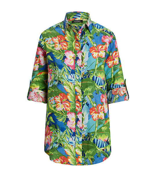 Women's Floral Linen Shirt Green/Blue Multi