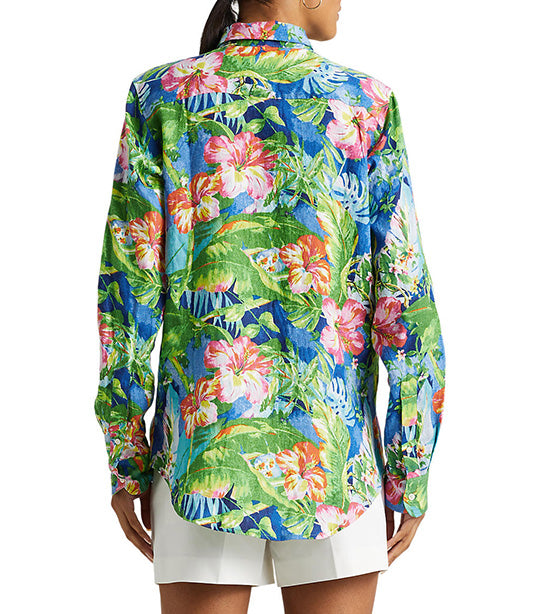 Women's Floral Linen Shirt Green/Blue Multi