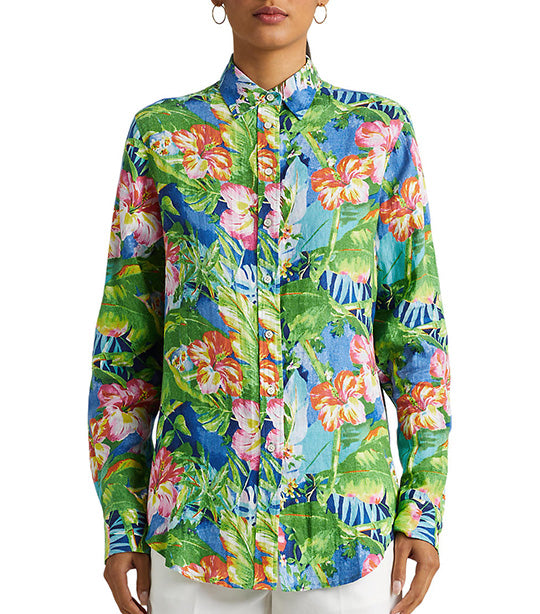 Women's Floral Linen Shirt Green/Blue Multi