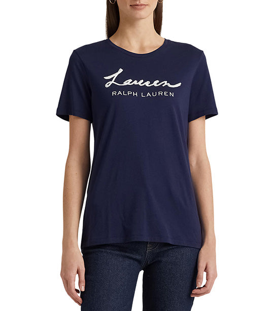 Women's Sequined Logo Jersey Tee French Navy